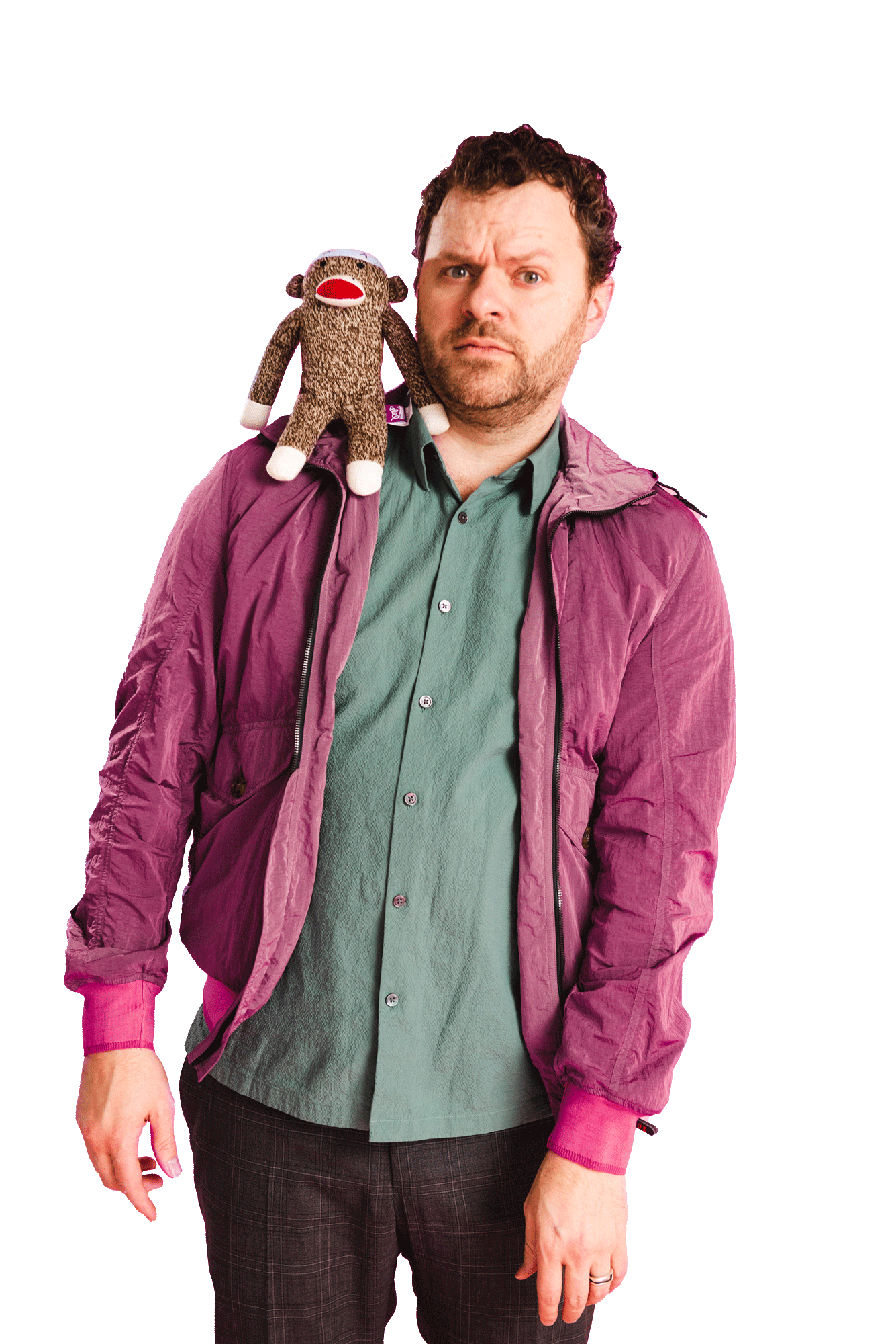 Sean Bott headshot, being silly with a monkey on his shoulder